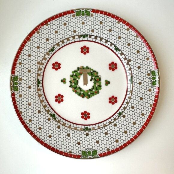 Anthropologie Festive Bistro Tile Dessert Plate Green Wreath Stoneware NEW - Picture 4 of 7